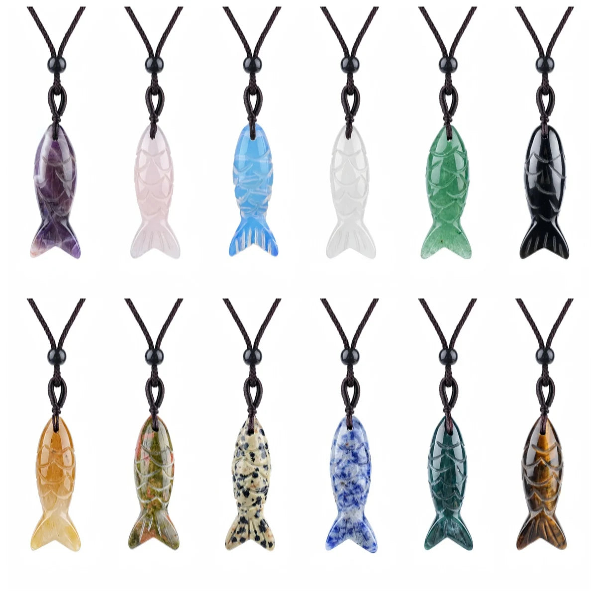 Handmade Craved Gemstone Fish Pendant Necklace Adjustable Rope Unique Gift for Her/Him