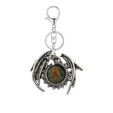 Vintage Silver Dragon Medallion Keychain, Genuine Healing Stone Chakra Amulet Keyring, Mythical Protection Car Key Holder Accessory
