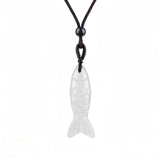 Handmade Craved Gemstone Fish Pendant Necklace Adjustable Rope Unique Gift for Her/Him