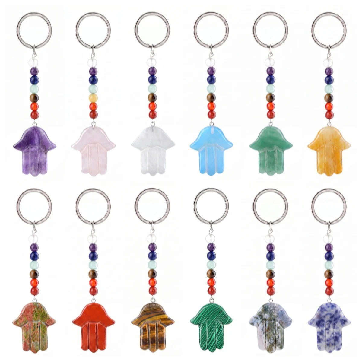 7 Chakra Stone Beads Chain Carved Gemstone Hamsa Hand Keychain Energy Balancing Healing Crystal Bag Charm of Fatima Key Ring  KC0671