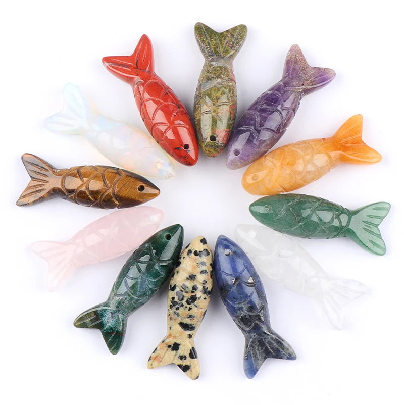 Handmade Craved Sculpted Fish Gemstone Pendant for Making Jewelry 15x40mm Stone Charm