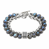Men Double Layer Gemstone Bead Bracelet, Stainless Steel Chain OT Clasp Bracelet, 8mm Healing Crystal Wrist Jewelry Gift