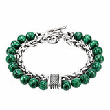 Men Double Layer Gemstone Bead Bracelet, Stainless Steel Chain OT Clasp Bracelet, 8mm Healing Crystal Wrist Jewelry Gift