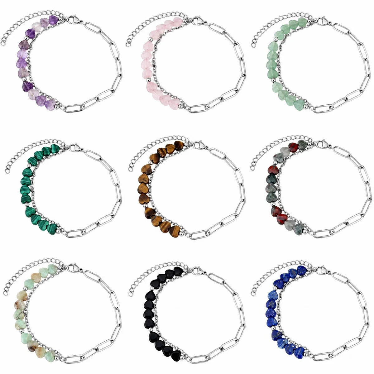 6MM Heart Shape Gemstone Paperclip Chain Bracelet Stainless Steel Adjustable Dainty Stackable Women Jewelry #SB3164