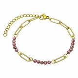 Gold Stainless Steel Paperclip Chain Bracelet Tiny Gemstone Bead Adjustable Dainty Layering Bracelets for Women #SB3161G