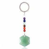 22mm Faceted Hexagon Natural Stone Keychain with 7 Chakra Beads Healing Crystal Bag Charm Ring Gift