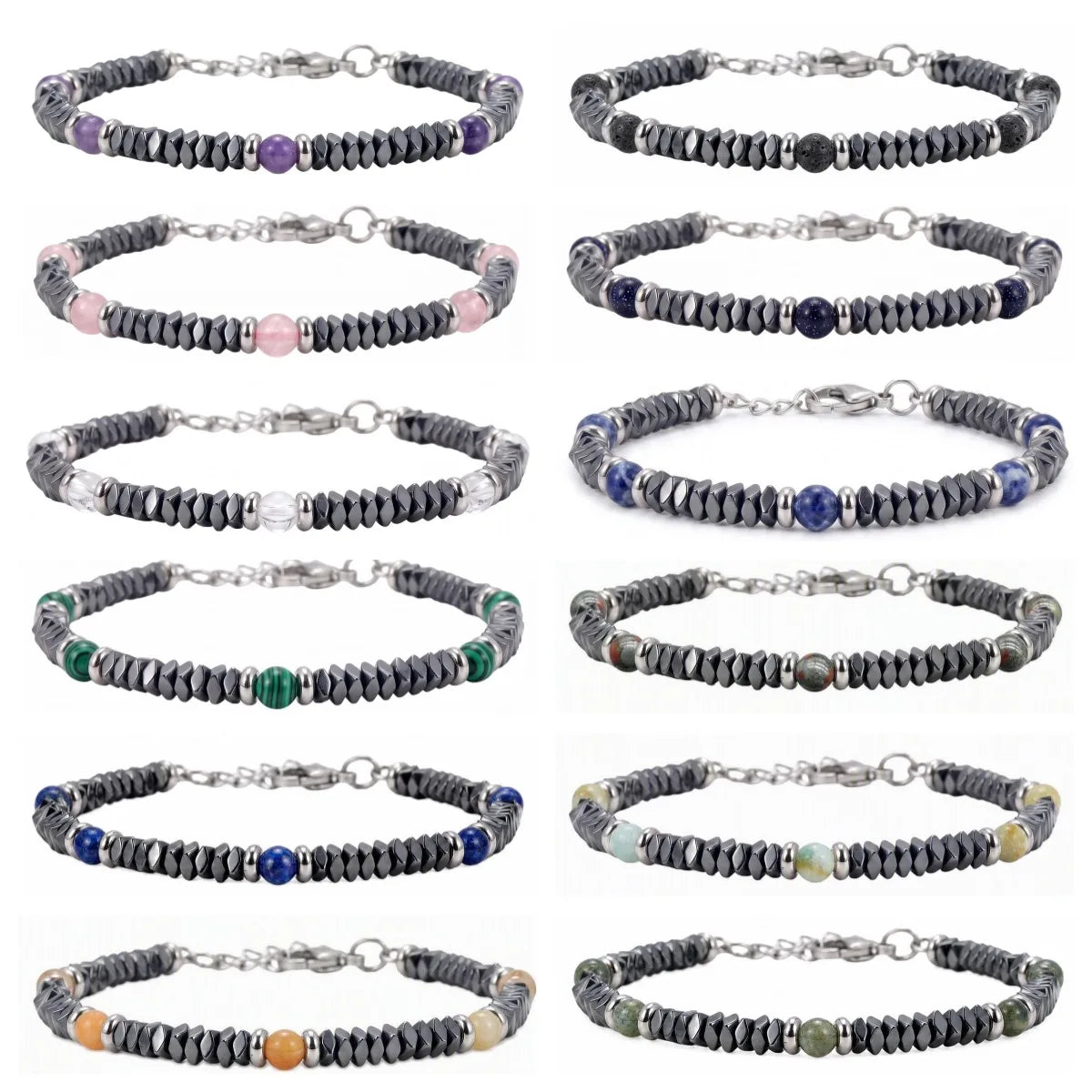 Hematite Heishi Disc Bead Bracelet 4MM Natural Multi‑Color Gemstone Accent Adjustable Unisex Stack Wrist Jewelry #SB3150
