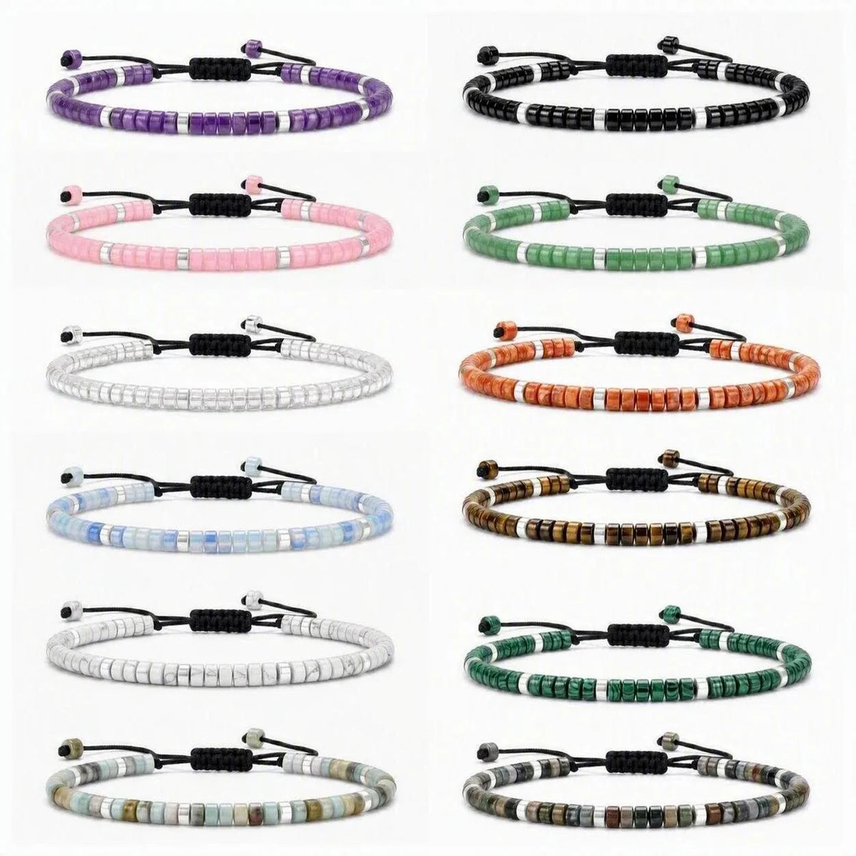 Dainty 4MM Gemstone Heishi Braided Bracelet Silver Accent Spacer Beads Handmade Woven Stackable Bracelet for Women #SB3151