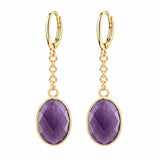Stainless Steel Leverback Dangle Earrings Gold Plated Oval Faceted Natural Gemstone Drop Earrings Women Crystal Jewelry