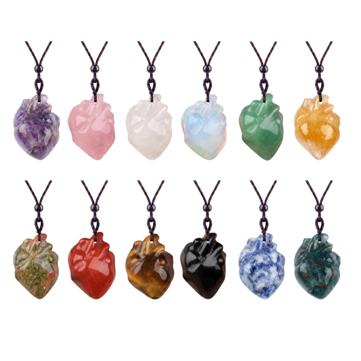 Hand Carved Human Heart Chakra Healing Crystal Stone Pendant Adjustable Cord Necklace Valentine Gift for Women #SN2043
