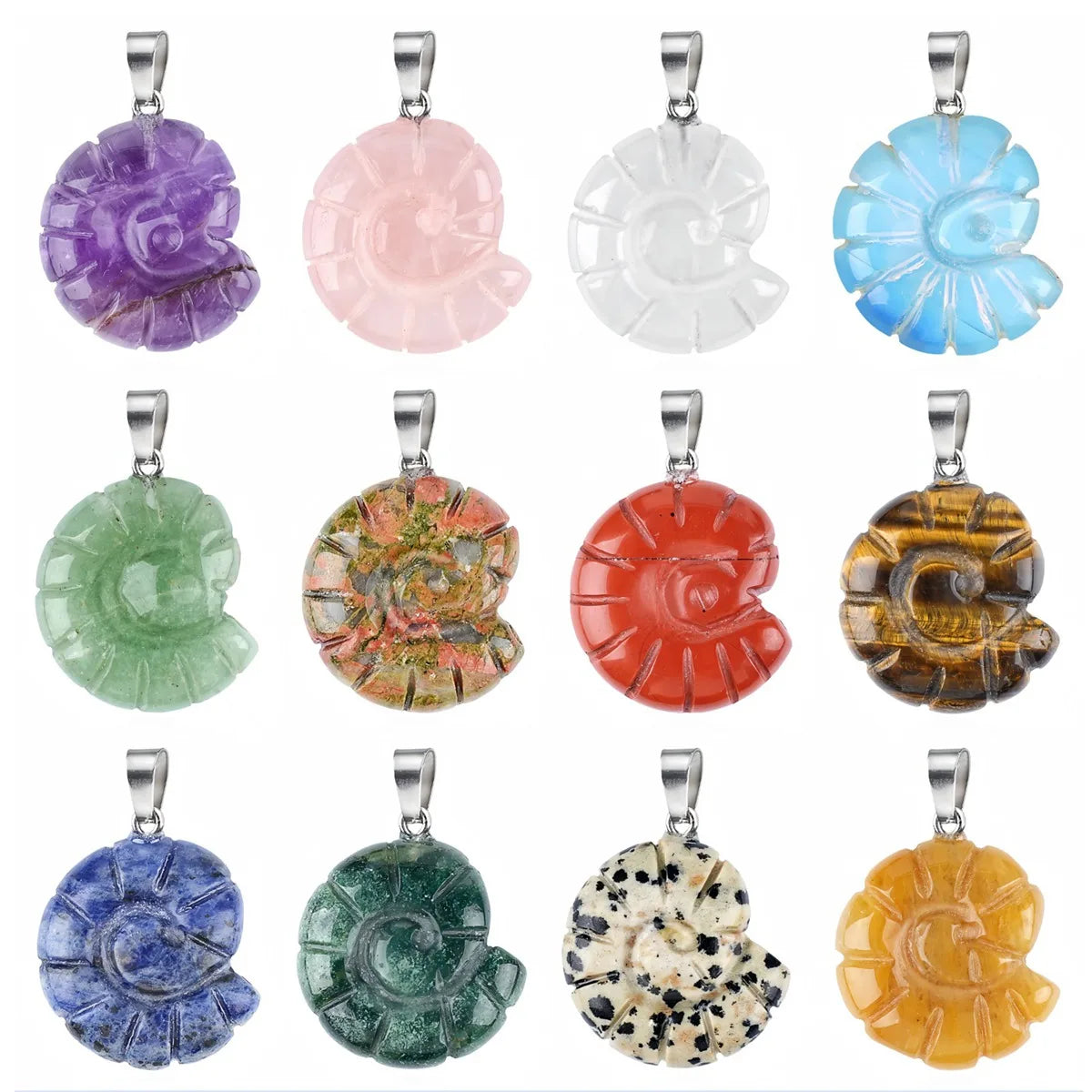 Handcrafted Natural Crystal Conch Shell Pendant - 25mm Solid Stone Ammonite Charm with Stainless Steel Bail #SP2044