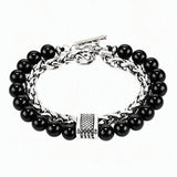 Men Double Layer Gemstone Bead Bracelet, Stainless Steel Chain OT Clasp Bracelet, 8mm Healing Crystal Wrist Jewelry Gift