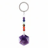 22mm Faceted Hexagon Natural Stone Keychain with 7 Chakra Beads Healing Crystal Bag Charm Ring Gift