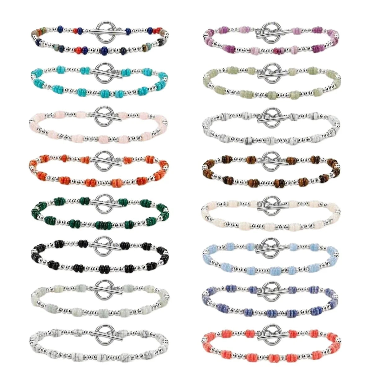 4MM Natural Stone Heishi Disc Bracelet Silver OT Toggle Clasp Dainty Stackable Boho Crystal Beaded Bracelets Women Jewelry #SB3147S