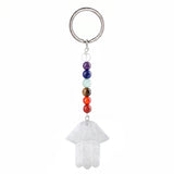 7 Chakra Stone Beads Chain Carved Gemstone Hamsa Hand Keychain Energy Balancing Healing Crystal Bag Charm of Fatima Key Ring  KC0671