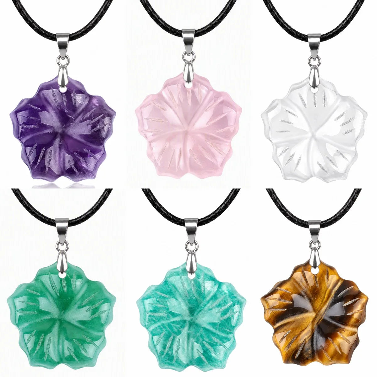 20MM Hand Carved Natural Crystal Flower Pendant Necklace Gemstone Flower Necklace With Black Leather Cord for Women Jewelry