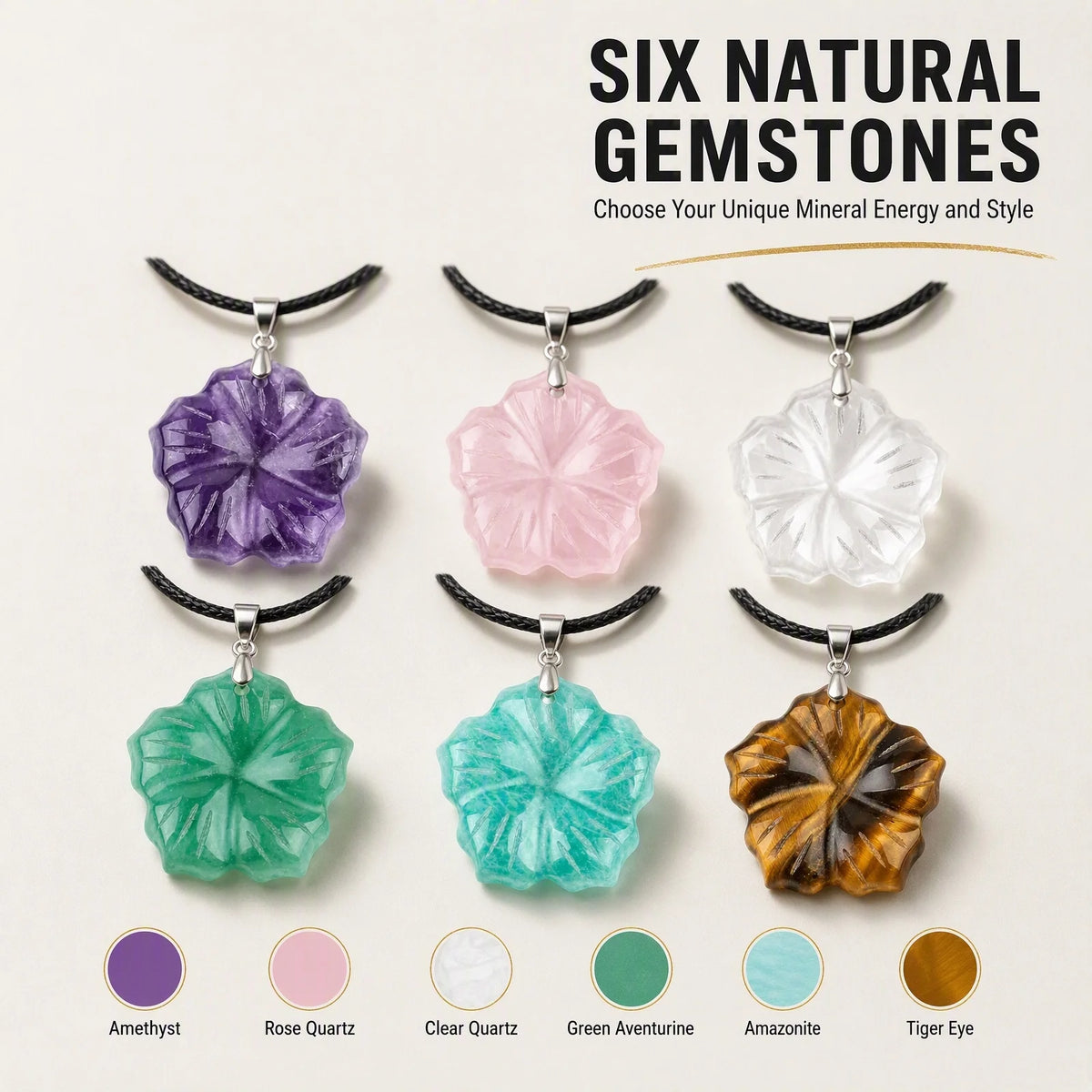 20MM Hand Carved Natural Crystal Flower Pendant Necklace Gemstone Flower Necklace With Black Leather Cord for Women Jewelry