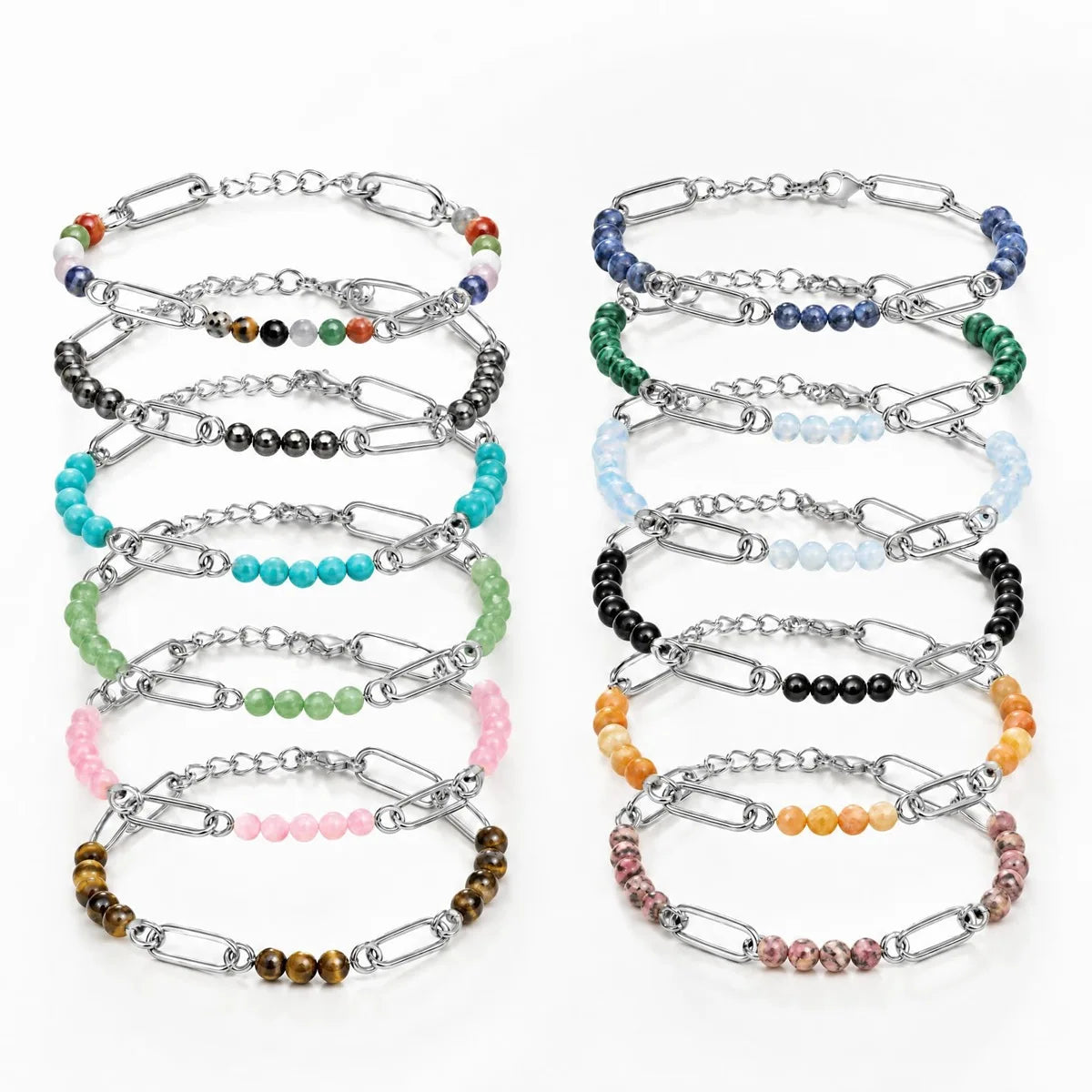 Stainless Steel Paperclip Chain Bracelet 4mm Natural Gemstone Bead Adjustable Dainty Layering Bracelet for Women #SB3161