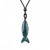 Handmade Craved Gemstone Fish Pendant Necklace Adjustable Rope Unique Gift for Her/Him