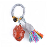 Healing Crystal Heart Key Ring Colorful Tassel Woven Rope Key Holder Women Spiritual Stone Bag Accessory Birthday Gift KC2043