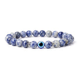 8mm Natural Round Gemstone Evil Eye Stretch Bracelet, Elastic Cord Protection Crystal Beaded Wristband Unisex Multi‑Stone Choice Spiritual Gift #SB3143