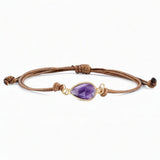 Teardrop Faceted Crystal Bracelet Adjustable Brown Wax Cord Braided Bezel‑Set Healing Gemstone Unisex Handmade Jewelry #SB3129