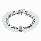 Men Double Layer Gemstone Bead Bracelet, Stainless Steel Chain OT Clasp Bracelet, 8mm Healing Crystal Wrist Jewelry Gift