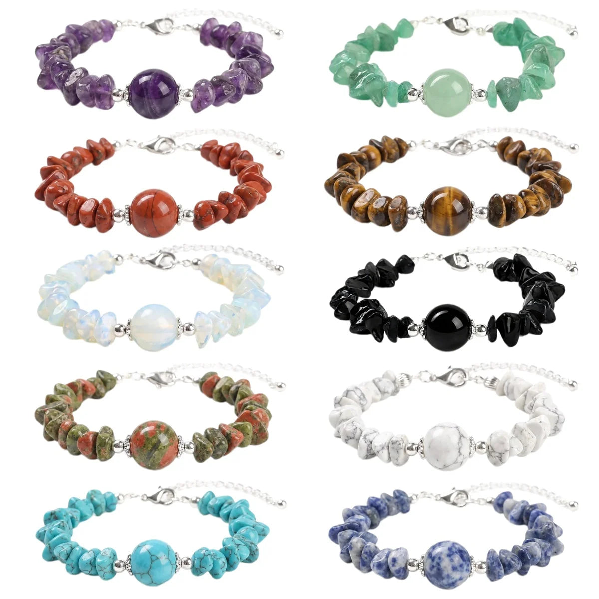Natural Chip Gemstone Bracelet 10mm Round Focal Bead  Adjustable Chain Healing Crystal Boho Stackable Bracelets for Women #SB3158