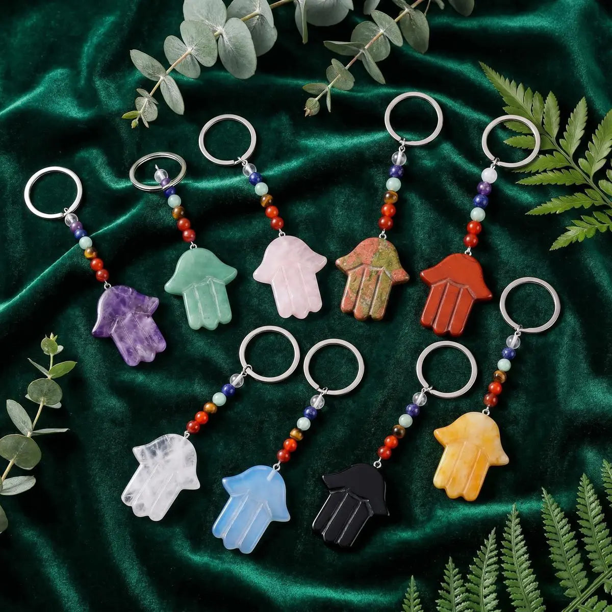7 Chakra Stone Beads Chain Carved Gemstone Hamsa Hand Keychain Energy Balancing Healing Crystal Bag Charm of Fatima Key Ring  KC0671
