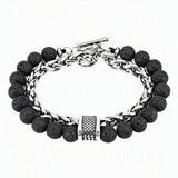 Men Double Layer Gemstone Bead Bracelet, Stainless Steel Chain OT Clasp Bracelet, 8mm Healing Crystal Wrist Jewelry Gift