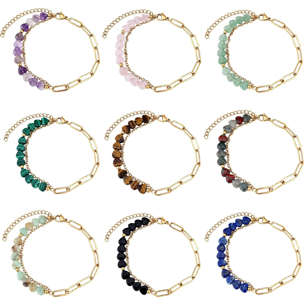 6MM Heart Shape Gemstone Paperclip Chain Bracelet Gold Stainless Steel Adjustable Dainty Stackable Women Jewelry #SB3164