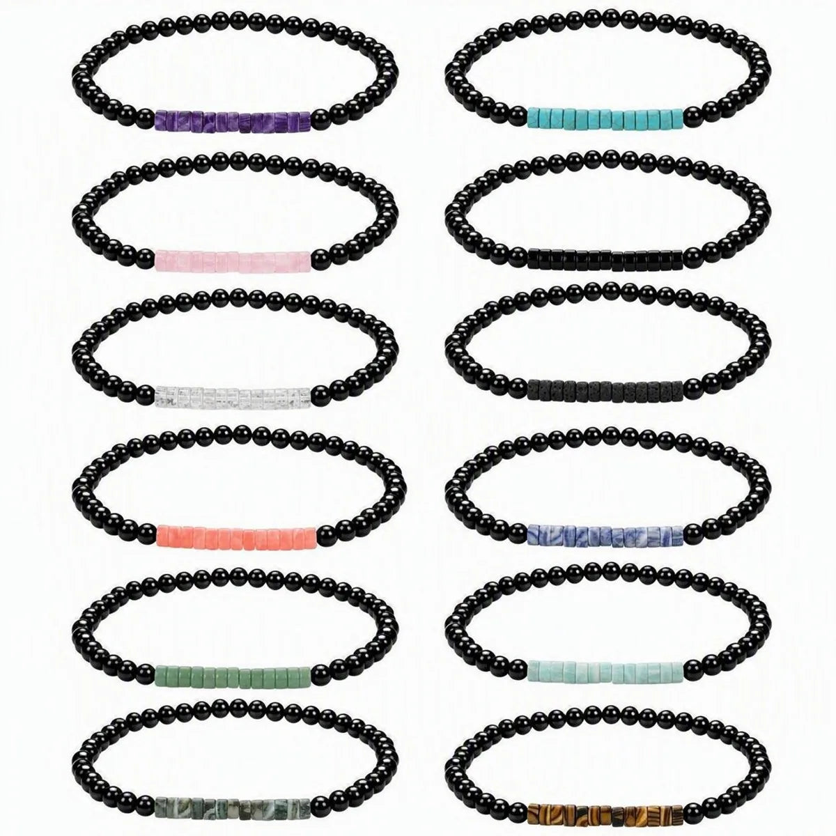 4MM Black Onyx Round Bead Stretch Bracelet Flat Heishi SpacerGemstone Bead Unisex Elastic Stackable Healing Wrist Jewelry #SB3156
