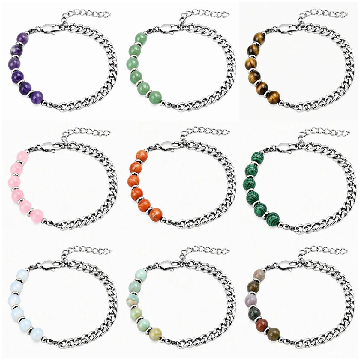8MM Natural Stone Bead Stainless Steel Curb Chain Bracelet Unisex Healing Crystal Adjustable Men Women Stackable Jewelry #SB3152