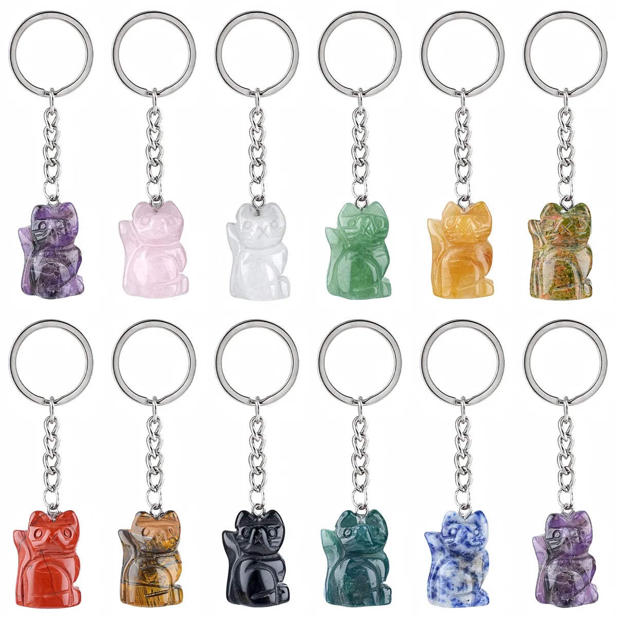 Healing Crystal Stone Cat Keychain Reiki Lucky Charms Keyring Women Bag Car Pendant