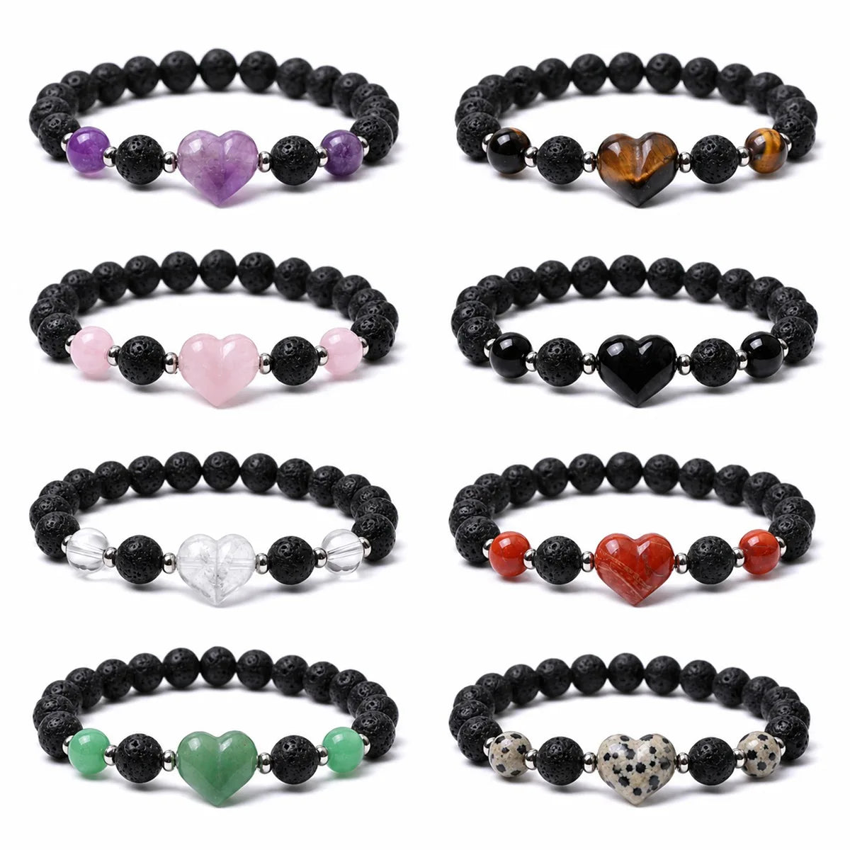 The Grounding Love Stone Bracelet - Handcrafted Lava Rock & Crystal Heart Jewelry #SB3134