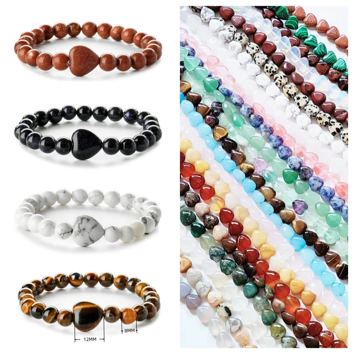 Women 12mm Stone Heart Charm 8mm Round Beads Gemstone Bracelet Healing Chakra Crystal Stretch Elastic Spiritual Jewelry