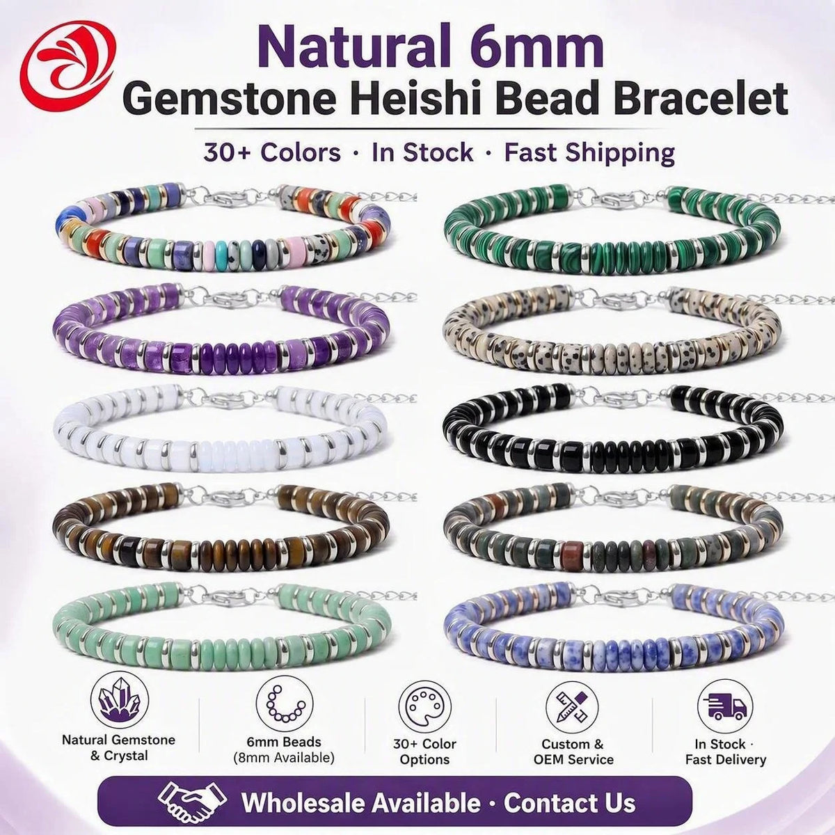Natural Stone Disc Bead Silver Plated Bracelet Adjustable Chain Heishi Wheel Bead Gemstone Bracelet for Women #SB3142
