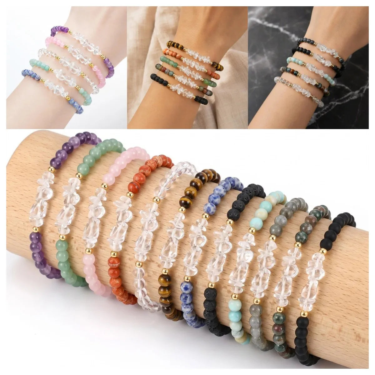 4mm Natural Gemstone Round Bead Stretch Bracelet With Clear Quartz Chip Crystal & Gold Spacers Unisex Healing Stackable Wristband Multi‑Stone Gift #SB3144