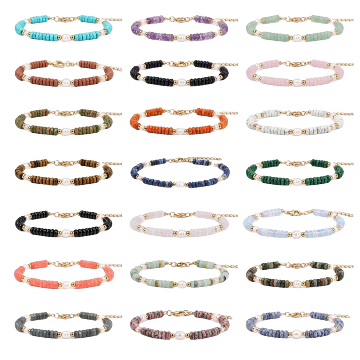 Handmade Flat Disc Natural Gemstone Bracelet 6mm Heishi Beads With Freshwater Pearls Silver Clasp Chain Adjustable Women #SB3137