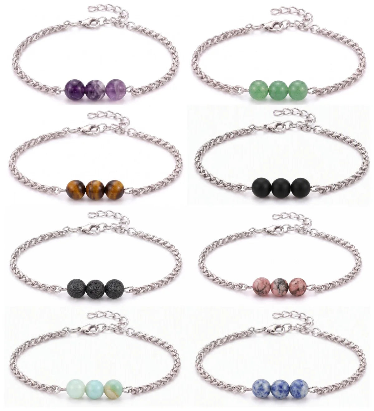 Natural Healing Crystal 3 Beads Bracelet Stainless Steel Wheat Chain Adjustable Unisex Gemstone Wrist Bracelets for Men Women #SB3155