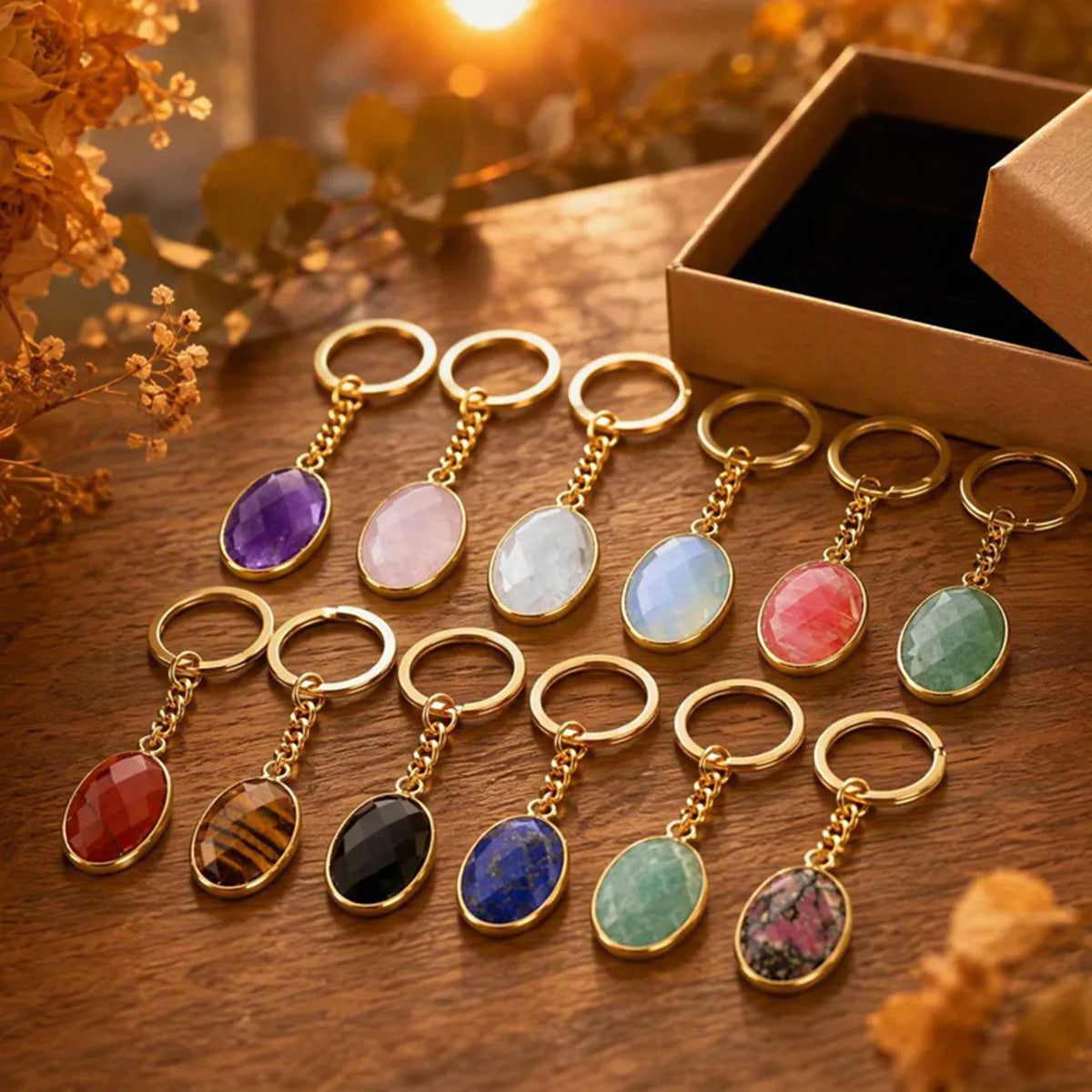 Oval Faceted Natural Crystal Gold Plated Keychain Multiple Stone Option Healing Stone Key Chain for Bag Decor