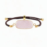 Rectangle Flat Natural Gemstone Bracelet, Adjustable Brown Braided Cord Gold‑Bezel Healing Crystal Handmade Unisex Stackable Wrist Jewelry