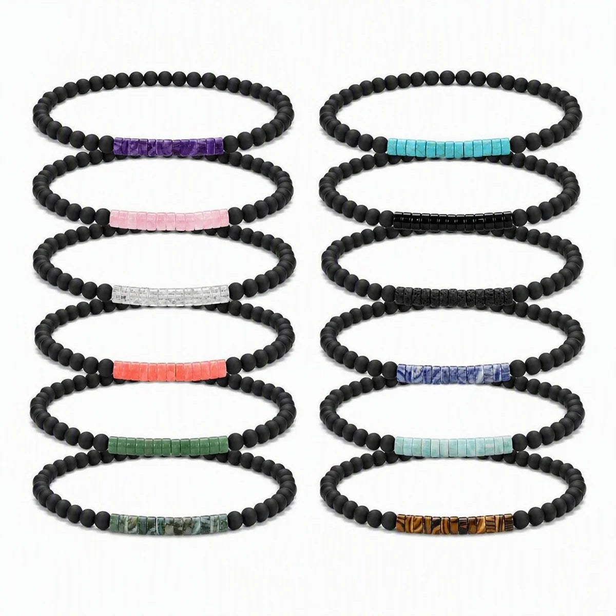 Matte Black Onyx 4mm Round Bead Bracelet Heishi Spacer Stone Bead Unisex Elastic Stackable Healing Crystal Wrist Jewelry #SB3156