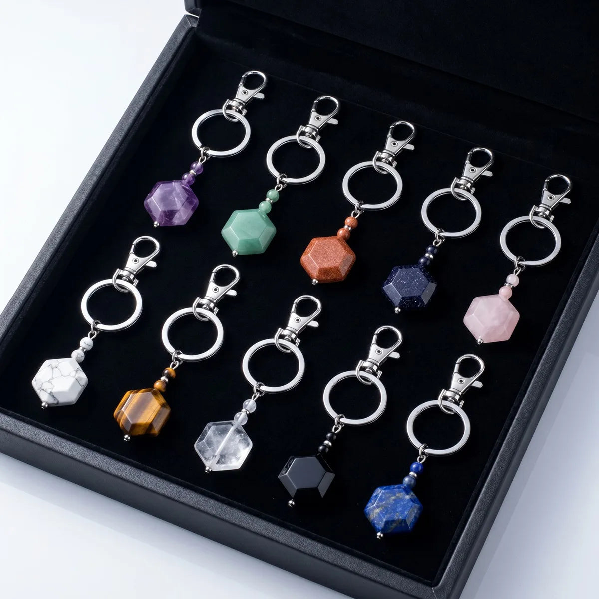 22mm Faceted Hexagon Natural Stone Keychain with Lobster Clasp Healing Crystal Bag Charm Ring Jewelry Gift