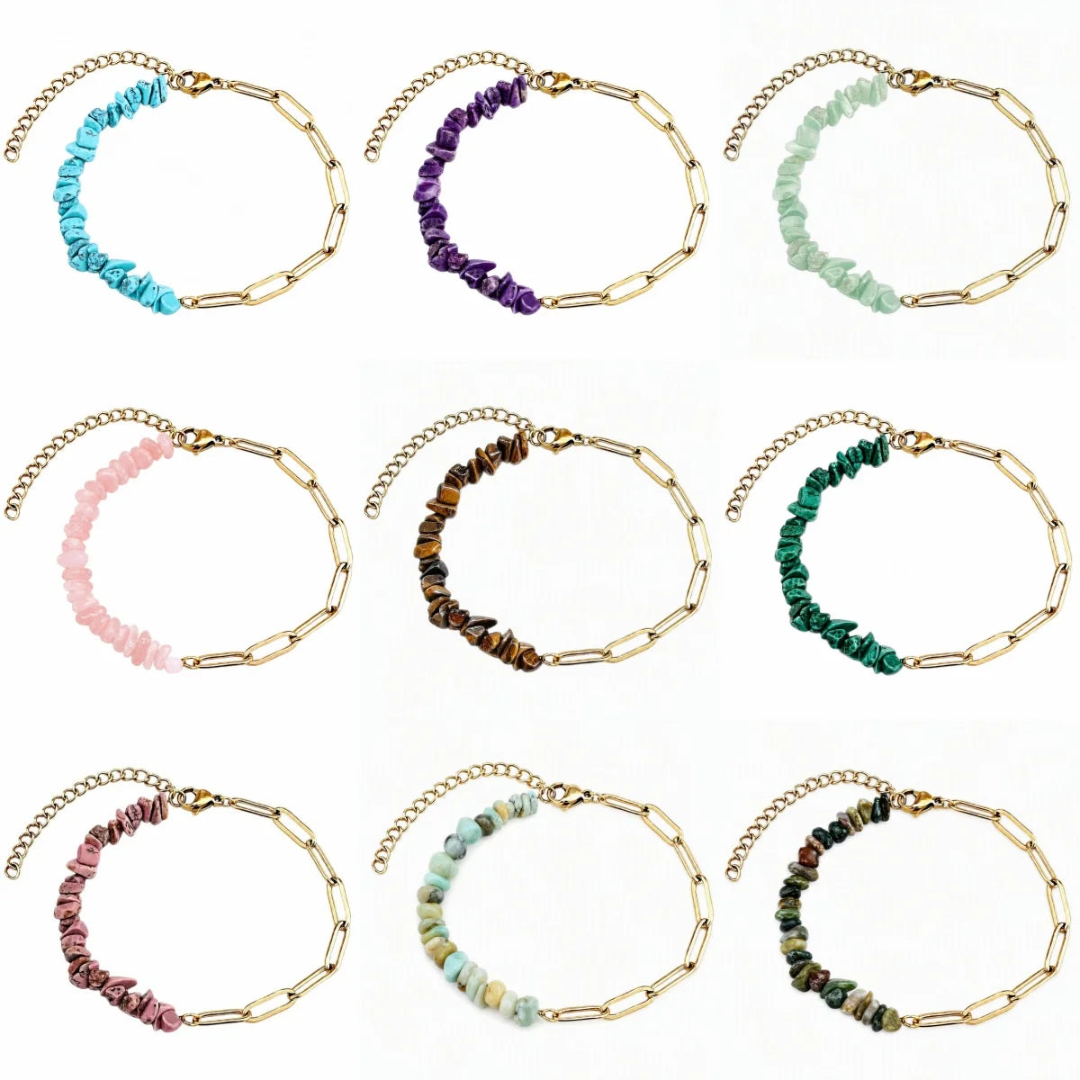 Natural Crystal Chip Beaded Bracelet Stainless Steel Paperclip Link Chain Adjustable Healing Gemstone Jewelry for Women #SB3165