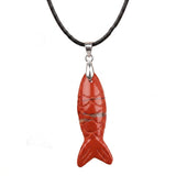 Handmade Craved Gemstone Fish Pendant Necklace 45cm Adjustable Leather Cord Spiritual Crystal Jewelry