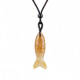 Handmade Craved Gemstone Fish Pendant Necklace Adjustable Rope Unique Gift for Her/Him