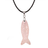 Handmade Craved Gemstone Fish Pendant Necklace 45cm Adjustable Leather Cord Spiritual Crystal Jewelry