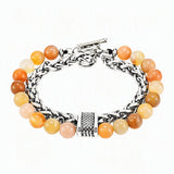 Men Double Layer Gemstone Bead Bracelet, Stainless Steel Chain OT Clasp Bracelet, 8mm Healing Crystal Wrist Jewelry Gift
