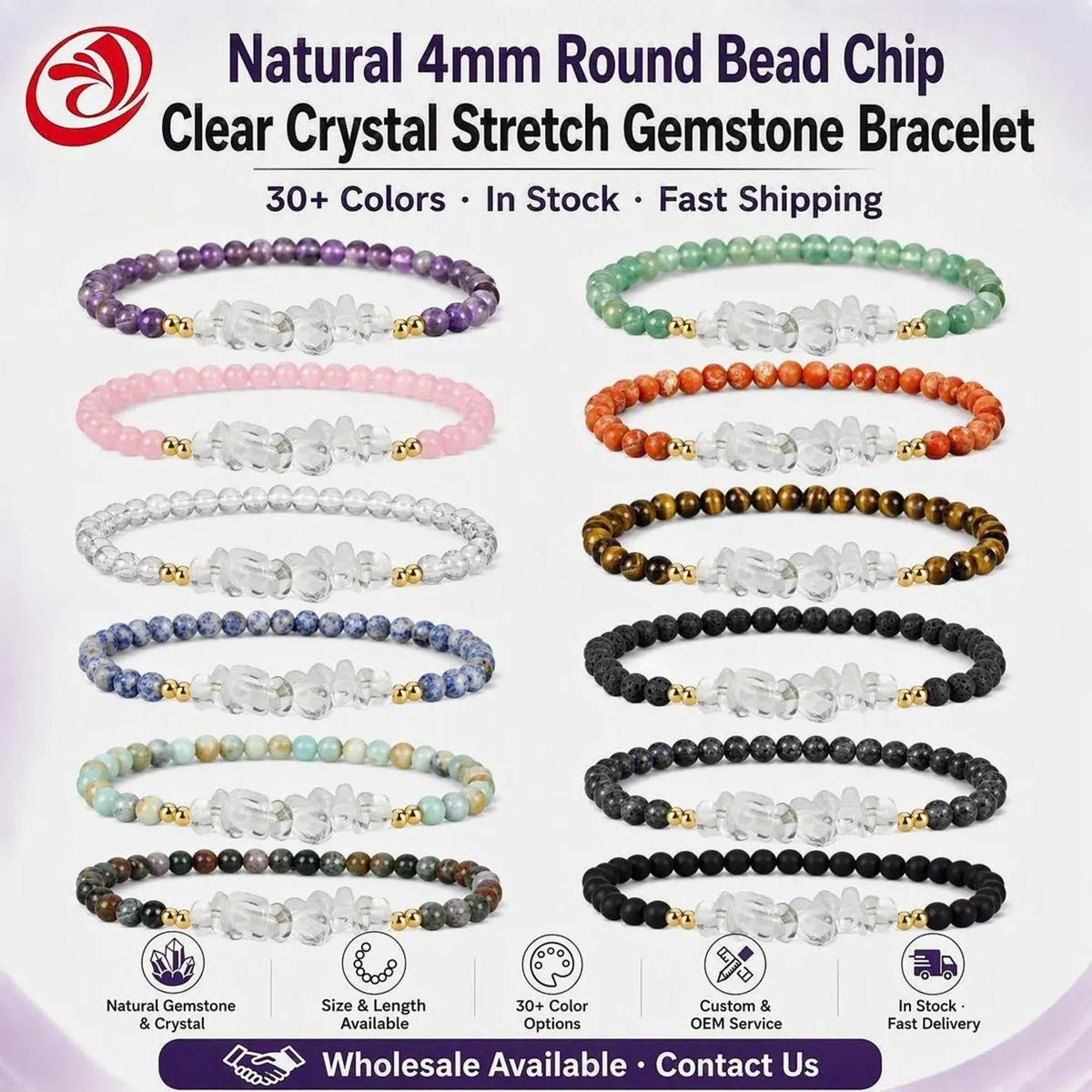 4mm Natural Gemstone Round Bead Stretch Bracelet With Clear Quartz Chip Crystal & Gold Spacers Unisex Healing Stackable Wristband Multi‑Stone Gift #SB3144